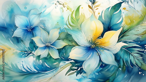 Abstract floral watercolor painting with blue and yellow flowers and leaves. Beautiful floral art print with vibrant colors.