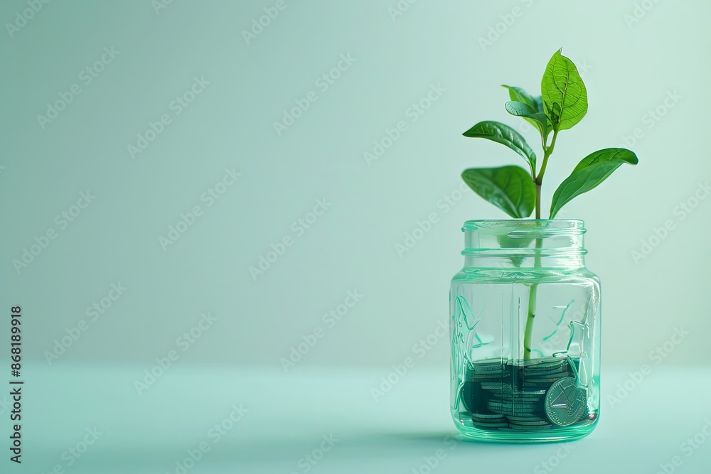 Plant growing out of coins in a jar against green background. Concept of financial growth, investment, savings, and wealth. Plant growing out of coins in a jar against green background. Concept of financial growth, investment, savings, and wealth.