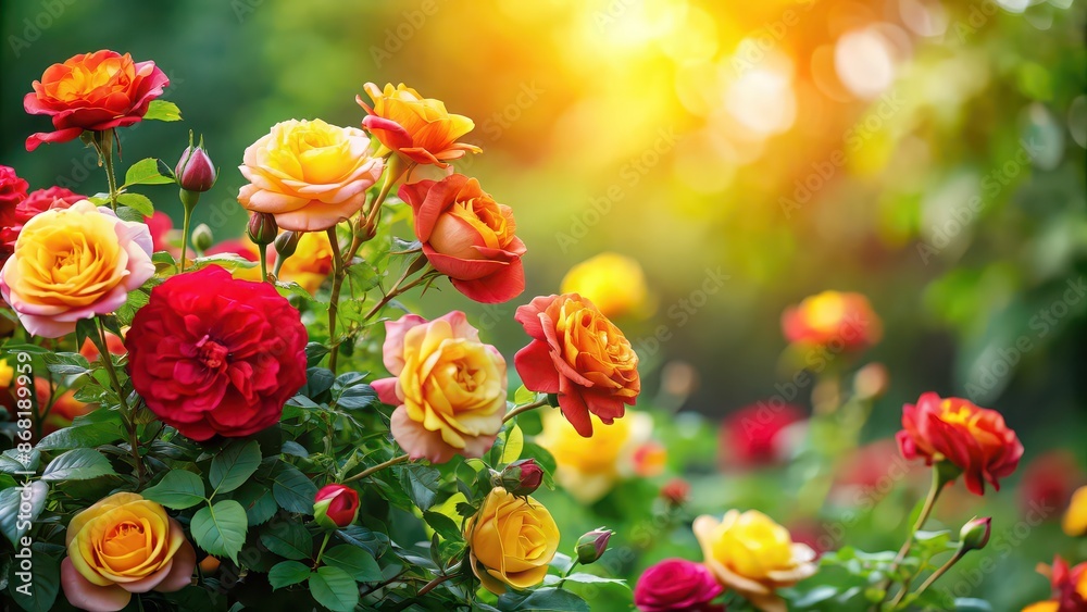 Colorful rose bush with red and yellow flowers blooming, roses, bush, colorful, vibrant, amazing, beauty, nature, garden Colorful rose bush with red and yellow flowers blooming, roses, bush, colorful, vibrant, amazing, beauty, nature, garden