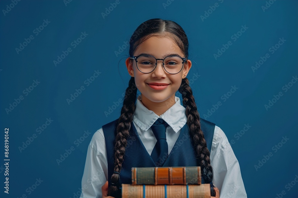 A teenage girl with braids and glasses, wearing a school uniform, holding a stack of books and smiling confidently against a solid navy blue background, representing academic excellence. A teenage girl with braids and glasses, wearing a school uniform, holding a stack of books and smiling confidently against a solid navy blue background, representing academic excellence.