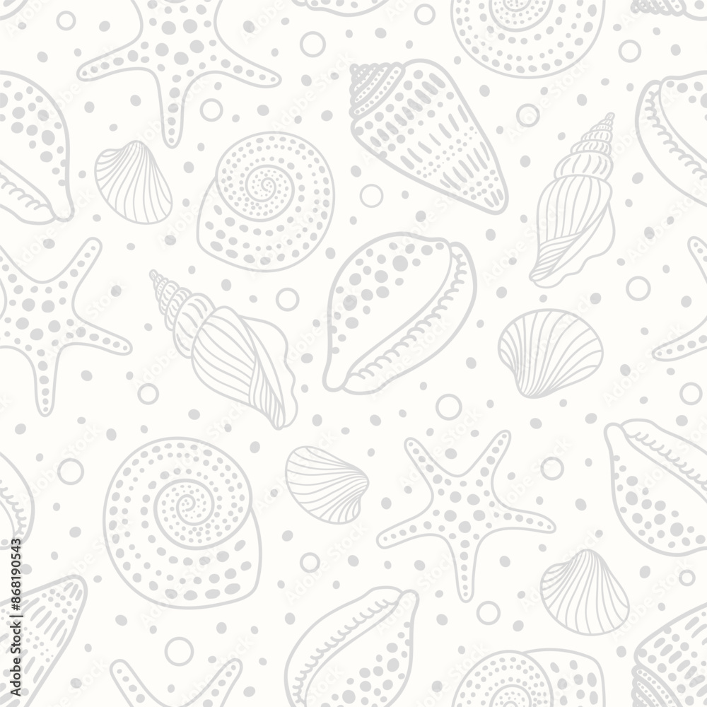 Sea shells and fossils vector seamless pattern. Summer beach hand-drawn doodle seaside print. Ocean fashion textile monochrome black and white colors. Seashore elements design for fabrics, wallpaper Sea shells and fossils vector seamless pattern. Summer beach hand-drawn doodle seaside print. Ocean fashion textile monochrome black and white colors. Seashore elements design for fabrics, wallpaper