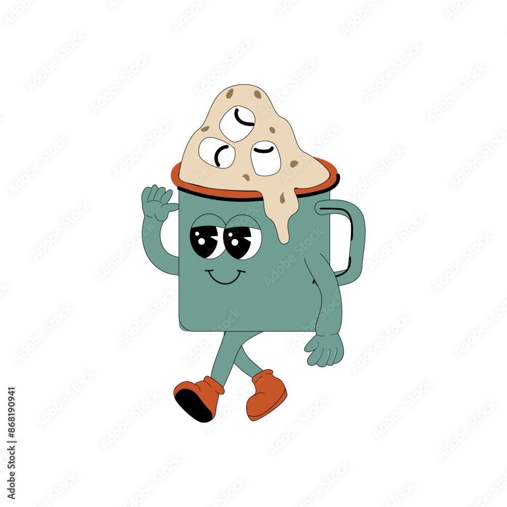 Naklejka premium Brewing Cocoa Groovy Character. Isolated on white. Cute y2k hot cocoa drink brewing sticker.