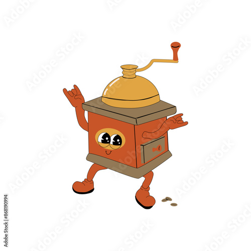 Coffee mill Groovy Character. Isolated on white. Cute y2k hot drink brewing sticker. Coffee grinder retro element.