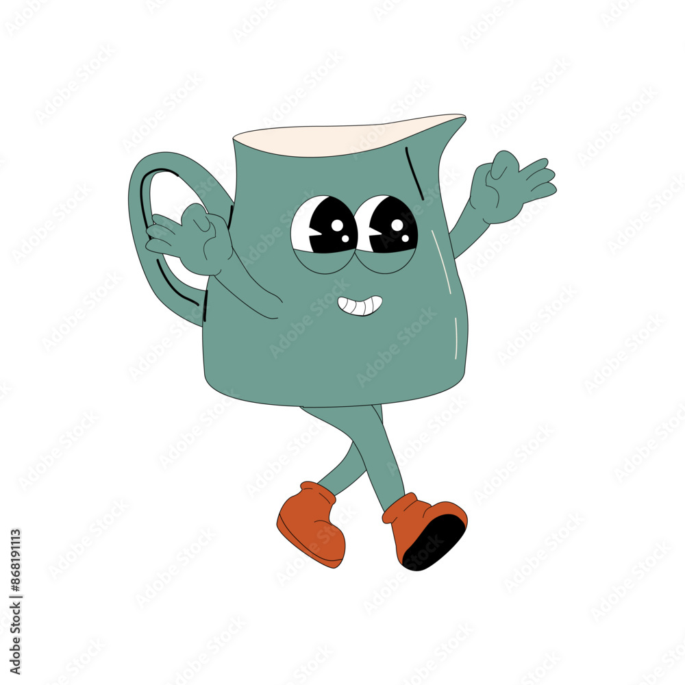 Milk Groovy Character. Isolated on white. Cute y2k drink sticker. Milk pot - mascot. Milk Groovy Character. Isolated on white. Cute y2k drink sticker. Milk pot - mascot.