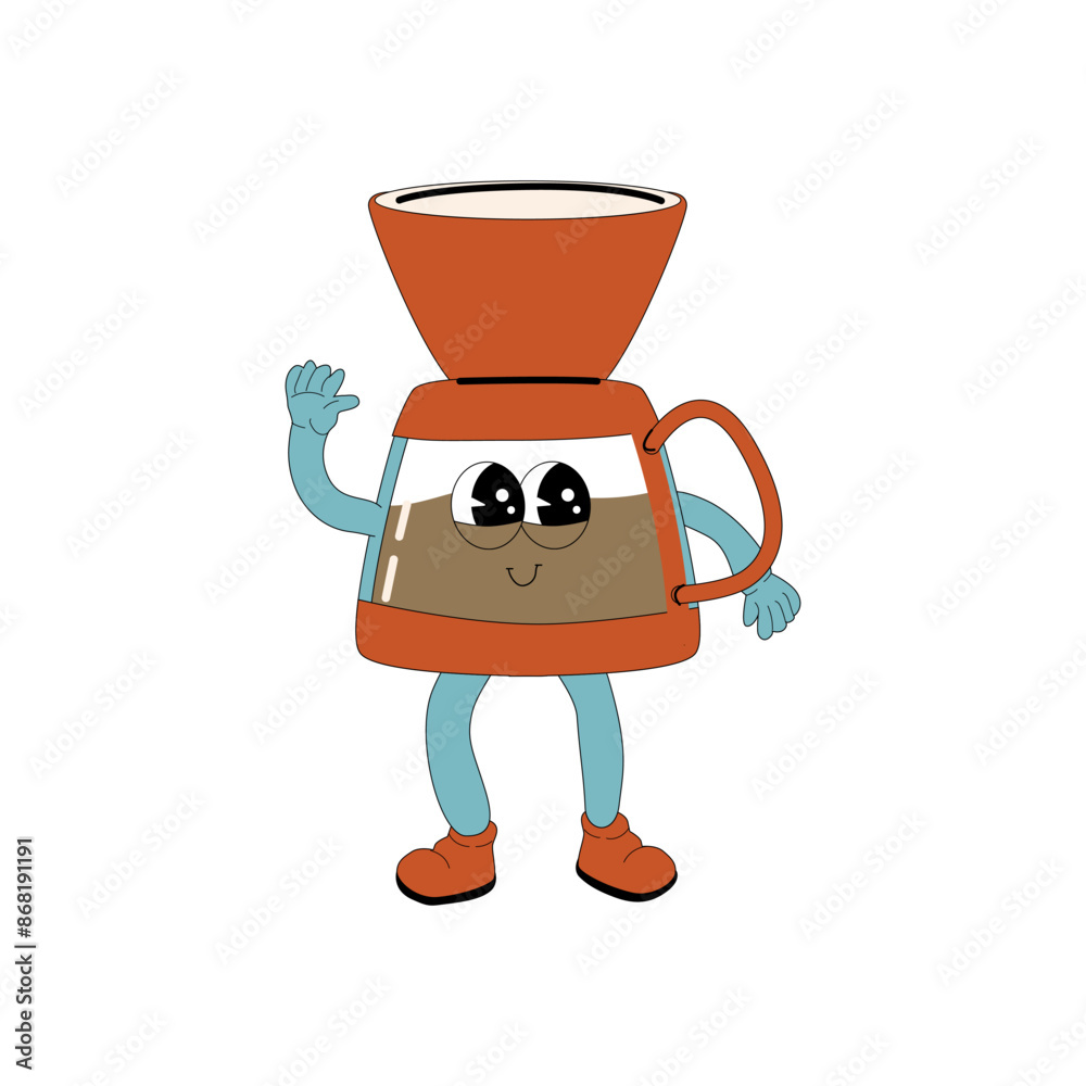 Fototapeta premium Brewing Coffee Maker Groovy Character. Isolated on white. Cute y2k hot drink brewing sticker. Coffee machine or pot.