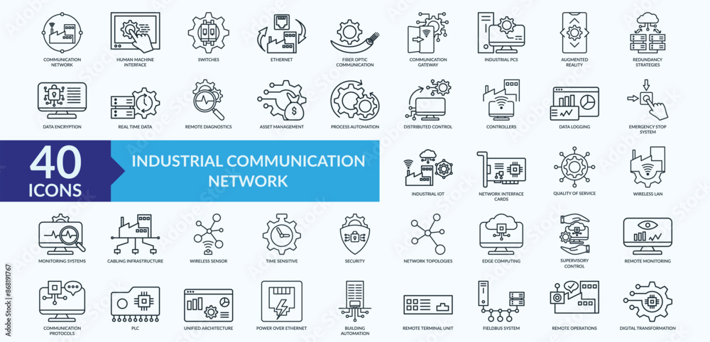 Engineering Control Network Icon Industrial communication network icon collection set with augmented ...