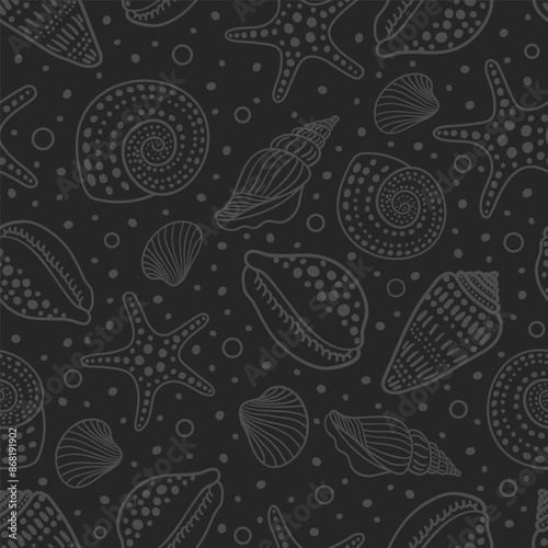 Sea shells and fossils vector seamless pattern. Summer beach hand-drawn doodle seaside print. Ocean fashion textile monochrome black and white colors. Seashore elements design for fabrics, wallpaper