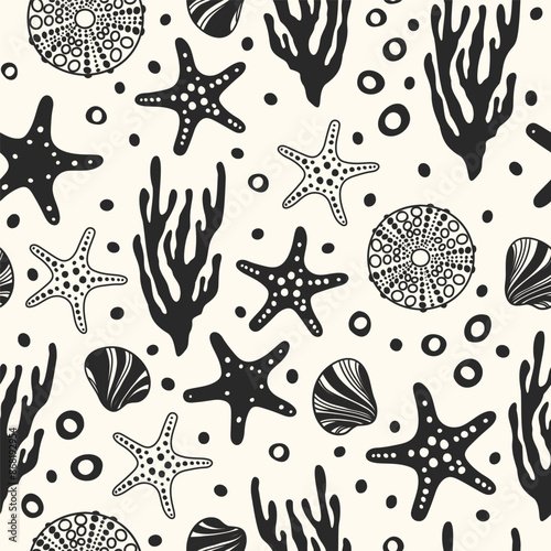 Sea bottom seamless pattern. Summer beach hand-drawn seaside vector print. Undersea world cartoon background with sea urchin, starfish, shell, coral. Seashore elements design for fabrics, wallpaper