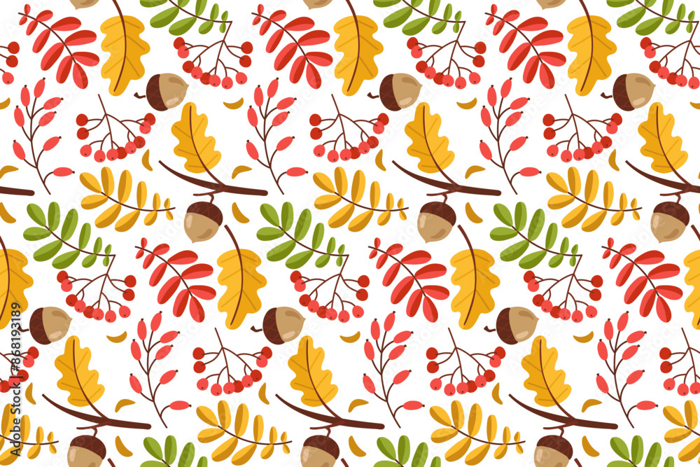 Fototapeta premium Autumn Leaves, Berries, and Acorns Pattern