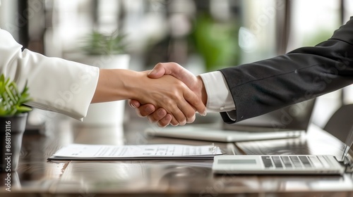 Wallpaper Mural Professional handshake between business partners at the office table, conveying agreement, teamwork, and partnership with documents and laptop. Torontodigital.ca