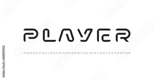 Modern font alphabet from segment line, technology letters A, B, C, D, E, F, G, H, I, J, K, L, M, N, O, P, Q, R, S, T, U, V, W, X, Y, Z and numerals 0, 1, 2, 3, 4, 5, 6, 7, 8, 9, vector illustration 1