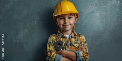 A kid in hard hat and glasses, holding a wrench, dressed in plaid shirt and overalls, on teal background AIG59 photo