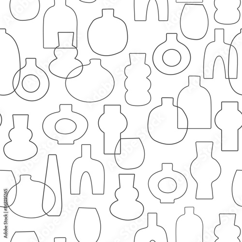 Antique vases vector illustration. Monochrome black and white seamless pattern. Modern minimalist background for social media, web banner. Trendy print for fabric, wrapping paper, package branding