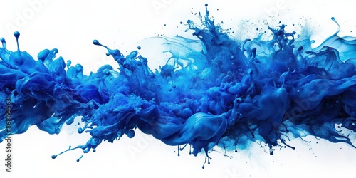 Blue ink splashes creating abstract and artistic patterns on white background, ink, splatter, paint, abstract, vibrant