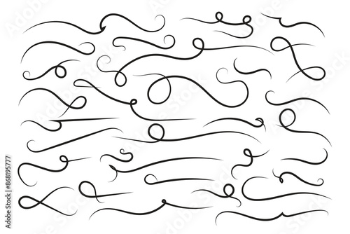 Curly swirl decorative swishes, Hand drawn calligraphy lettering ornate strokes, flourish swirling squiggle Highlight Swoosh typography text elements. Pen Filigree flourishes vintage scrolls