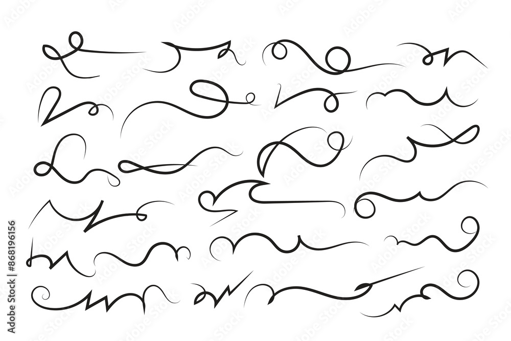 Curly swirl decorative swishes, Hand drawn calligraphy lettering ornate strokes, flourish swirling squiggle Highlight Swoosh typography text elements. Pen Filigree flourishes vintage scrolls