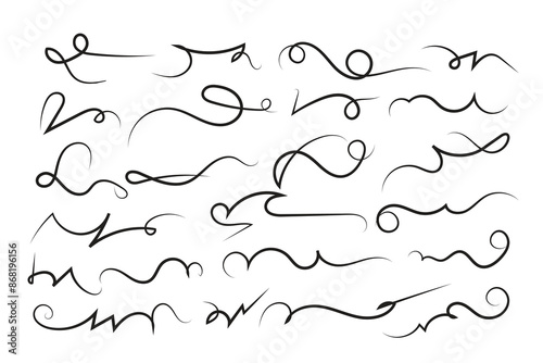 Curly swirl decorative swishes, Hand drawn calligraphy lettering ornate strokes, flourish swirling squiggle Highlight Swoosh typography text elements. Pen Filigree flourishes vintage scrolls