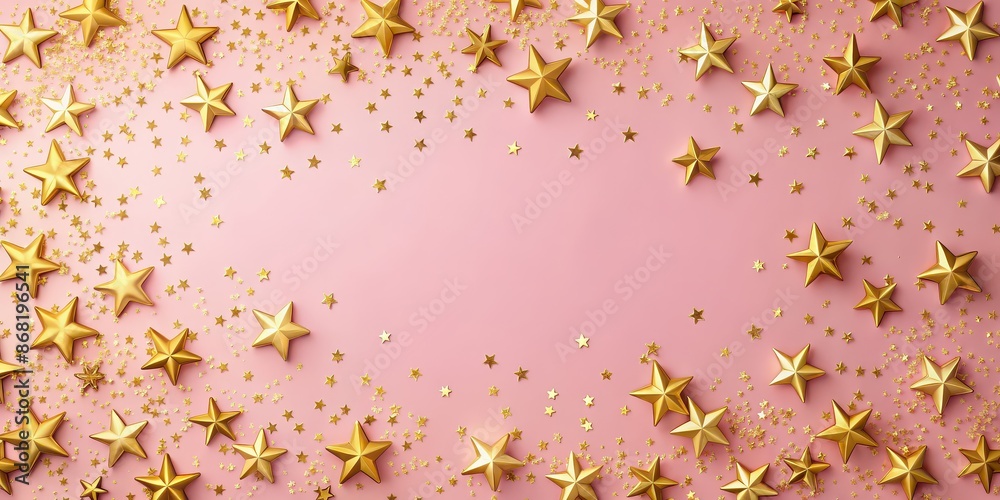 Golden stars and confetti scattered on a pink background, cute, golden, stars, confetti, decoration, shiny, sparkly