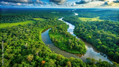 Fototapeta Naklejka Na Ścianę i Meble -  Aerial view of the lush Amazonas jungle landscape with a winding river bend, Amazonas, jungle, aerial view, river, bend