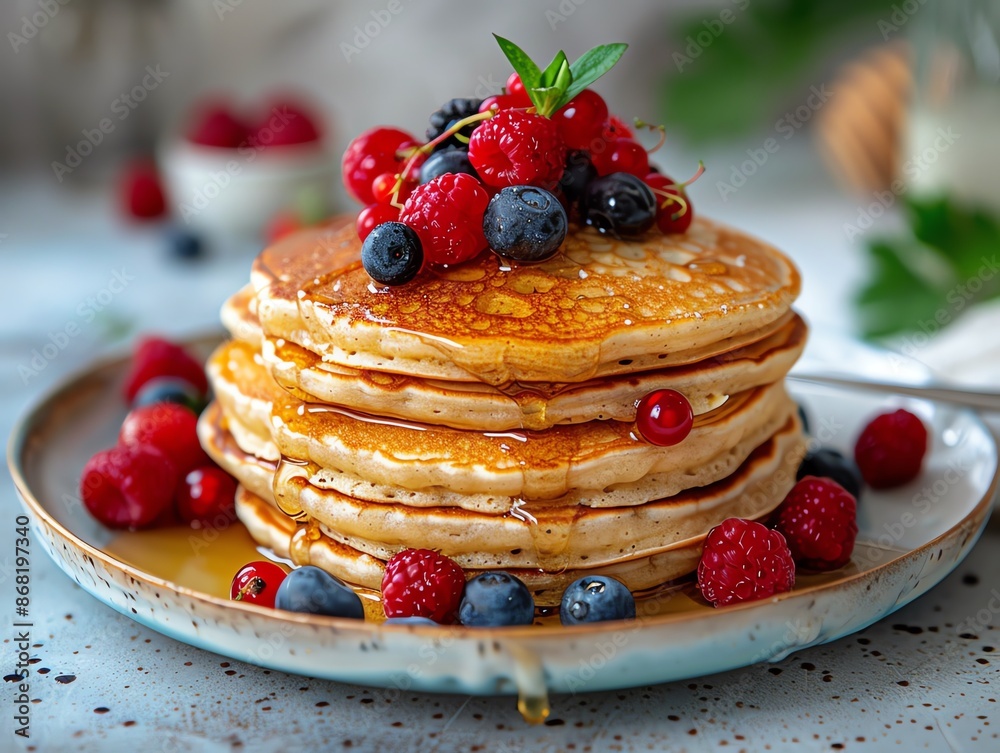 Almond flour pancakes with a stack of fluffy pancakes, topped with fresh berries and a drizzle of honey, presented in a bright kitchen