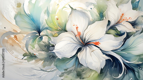 White lilies watercolor painting with green leaves,  floral abstract art, delicate and soft, nature inspired.