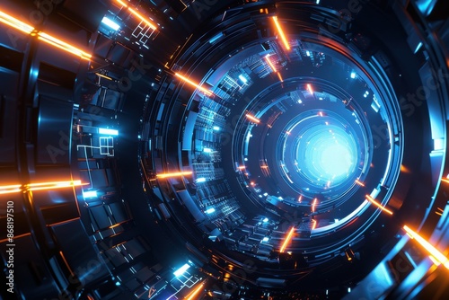 Fototapeta Naklejka Na Ścianę i Meble -  Futuristic tunnel with glowing neon lights. Sci-fi spaceship corridor or time travel concept. Abstract digital background.