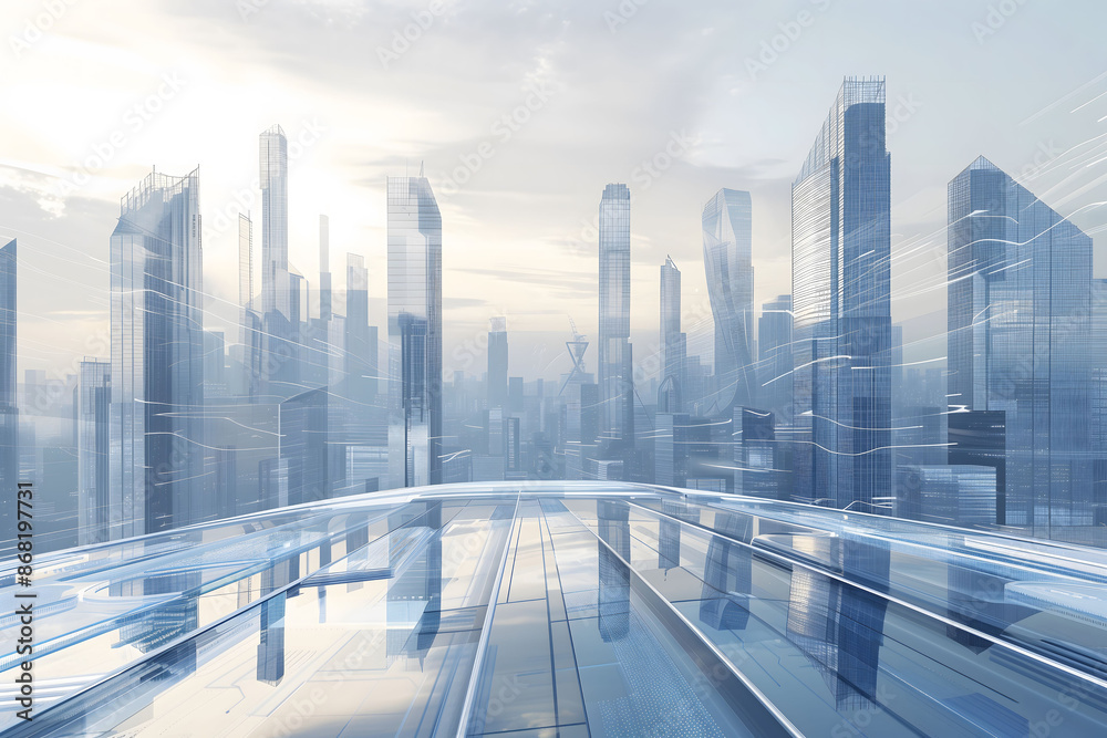 Fototapeta premium Blue lines and abstract curves in the foreground, a futuristic cityscape under a clear sky in the midground, glass buildings and skyscrapers in light colors provide a cityscape background