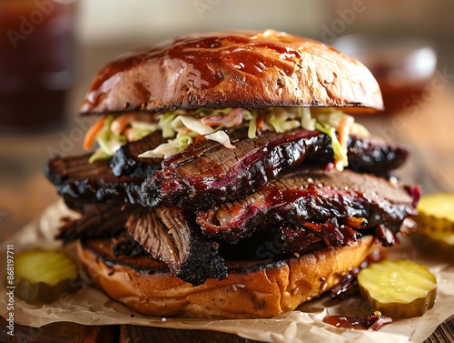 BBQ brisket sandwich with pickles and coleslaw, served on a rustic picnic table with a cold drink
