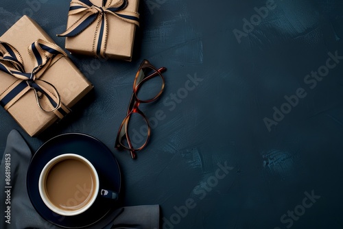 Image of a sophisticated arrangement showing neatly wrapped presents with ribbons, a cup of coffee, and glasses laying on a dark textured surface.