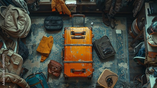 A vibrant orange suitcase stands out in the center of a cluttered room filled with travel bags, symbolizing the excitement and chaos of travel preparations.