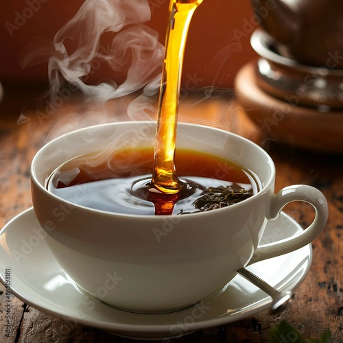 pouring hot tea into a cup photo