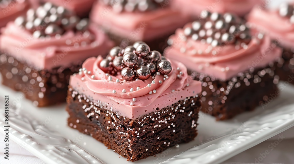 Brownies with layers of pink velvet frosting and silver edible beads, a luxurious treat on a white canvas Brownies with layers of pink velvet frosting and silver edible beads, a luxurious treat on a white canvas