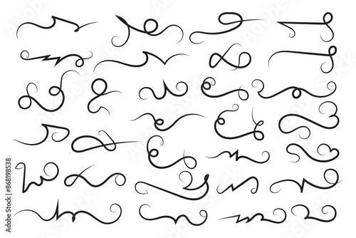 Curly swirl decorative swishes, Hand drawn calligraphy lettering ornate strokes, flourish swirling squiggle Highlight Swoosh typography text elements. Pen Filigree flourishes vintage scrolls
