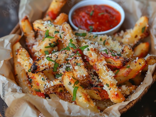 Cheesy garlic fries with melted mozzarella and garlic, served in a vintage basket with a side of marinara photo