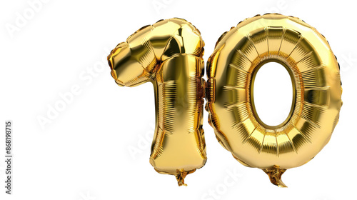 Gold balloon, Number ten balloon made of gold color on transparent  background