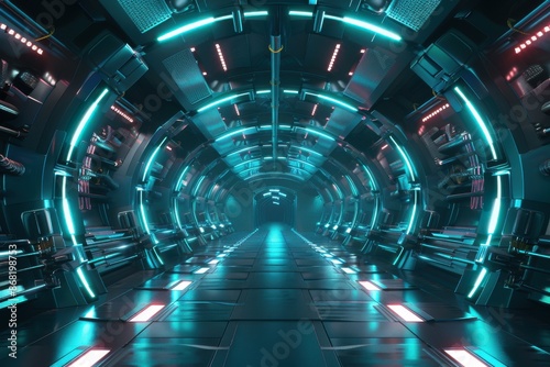 Futuristic Spaceship Interior Design. Sci-Fi Corridor with Neon Lights and Technology