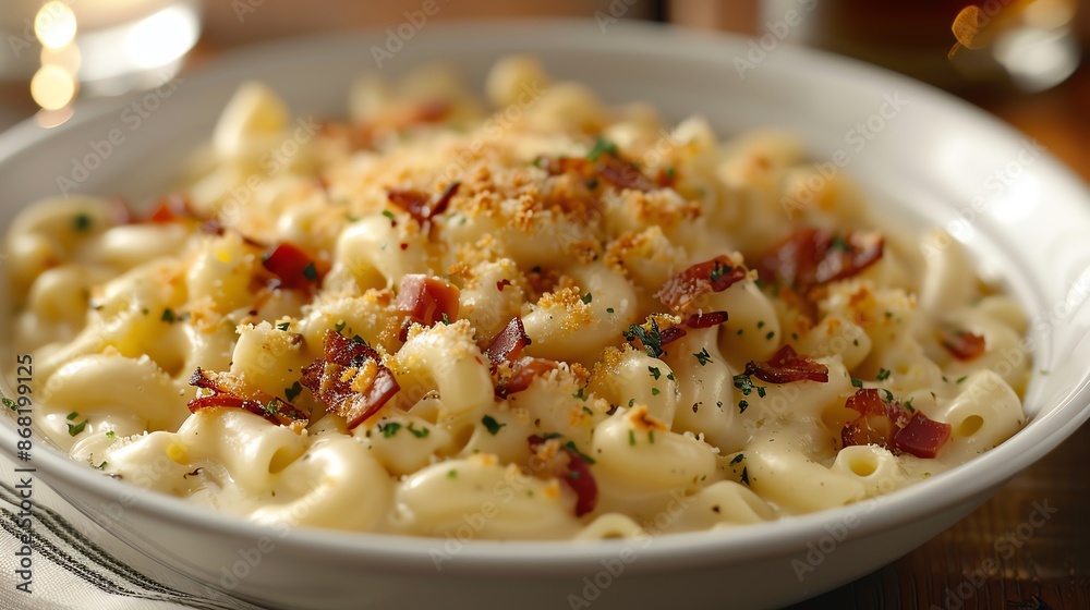 Creamy mac and cheese with smoked gouda and crispy prosciutto, presented in an elegant white bowl Creamy mac and cheese with smoked gouda and crispy prosciutto, presented in an elegant white bowl