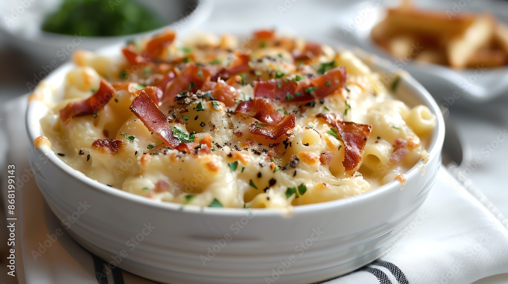 Creamy mac and cheese with smoked gouda and crispy prosciutto, presented in an elegant white bowl Creamy mac and cheese with smoked gouda and crispy prosciutto, presented in an elegant white bowl
