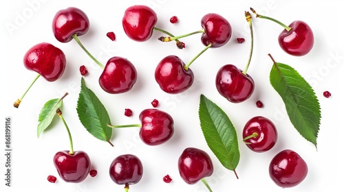 Red, juicy cherries with their stems and leaves lie isolated on a white background. This image is perfect for food blogs, recipe books, or any other project that requires a image of cherries.