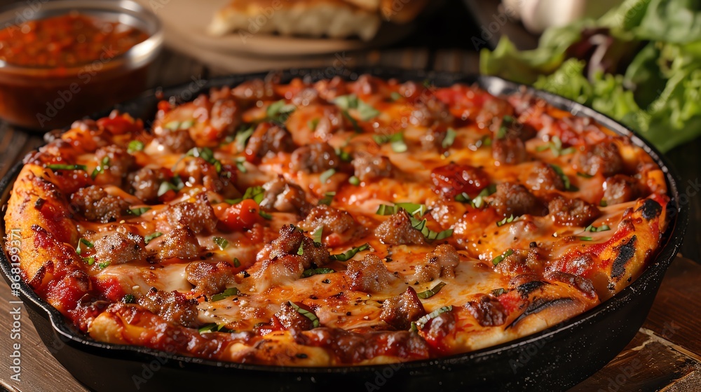 Deep-dish Chicago-style pizza with layers of cheese, sausage, and chunky tomato sauce, served in a cast-iron pan with a side of garlic bread Deep-dish Chicago-style pizza with layers of cheese, sausage, and chunky tomato sauce, served in a cast-iron pan with a side of garlic bread