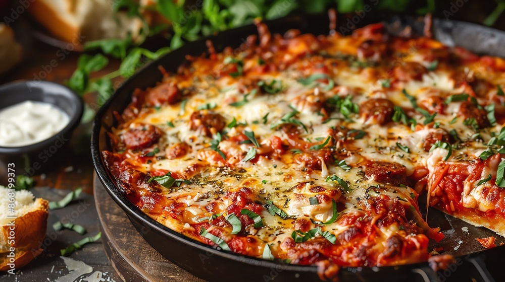 Deep-dish Chicago-style pizza with layers of cheese, sausage, and chunky tomato sauce, served in a cast-iron pan with a side of garlic bread