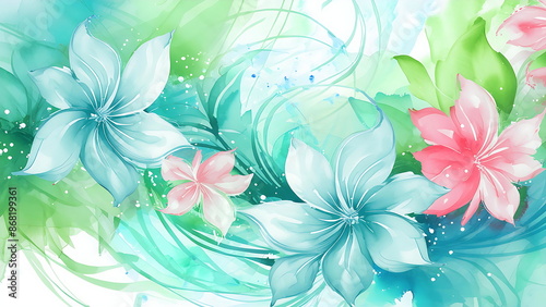 Abstract watercolor painting of delicate flowers in shades of pink, blue and green.  A beautiful floral design for home decor, cards, or wallpaper.