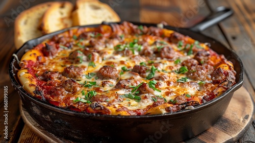 Deep-dish Chicago-style pizza with layers of cheese, sausage, and chunky tomato sauce, served in a cast-iron pan with a side of garlic bread