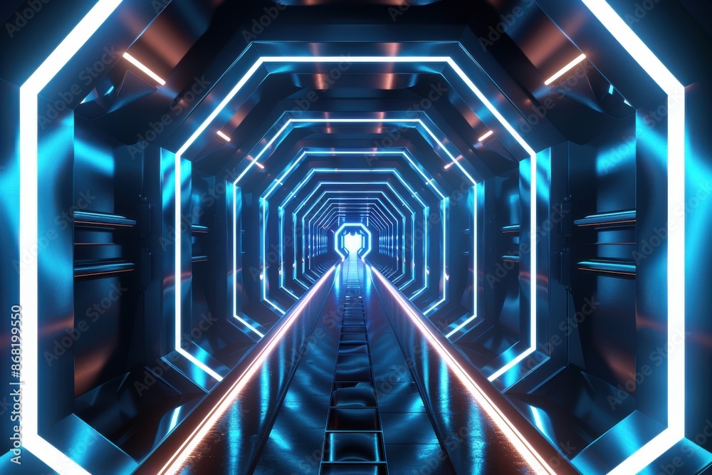 Futuristic Sci Fi Corridor with Glowing Blue and Orange Lights, Technology or Gaming Background Futuristic Sci Fi Corridor with Glowing Blue and Orange Lights, Technology or Gaming Background