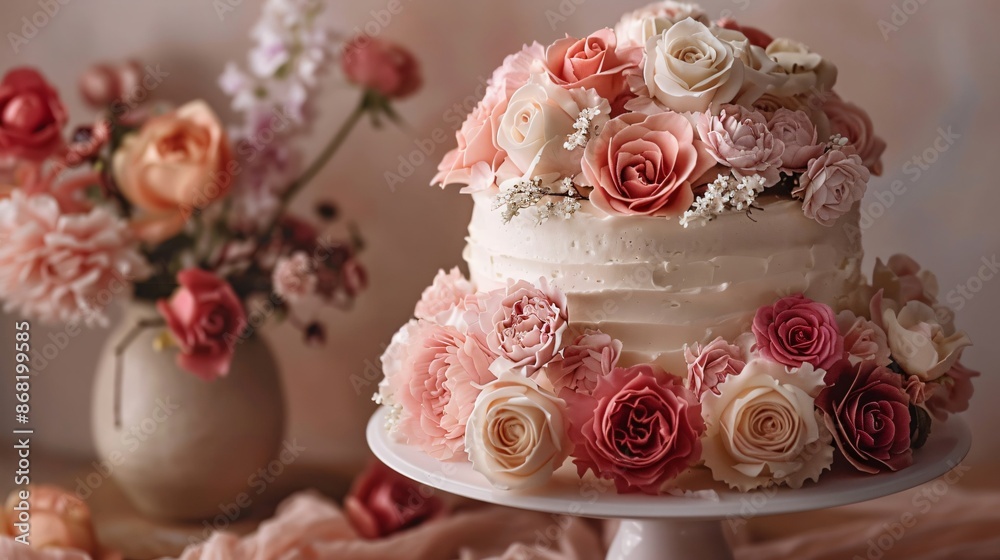 A romantic cake decorated with edible roses and ranunculus flowers, showcasing intricate detailing and craftsmanship A romantic cake decorated with edible roses and ranunculus flowers, showcasing intricate detailing and craftsmanship