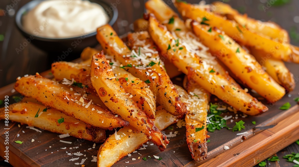Garlic Parmesan fries with minced garlic and shredded Parmesan, styled on a wooden board with a side of garlic aioli Garlic Parmesan fries with minced garlic and shredded Parmesan, styled on a wooden board with a side of garlic aioli