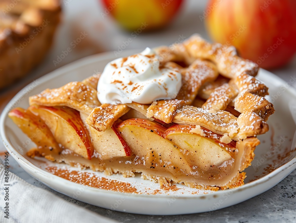 Gluten-free apple pie with an almond flour crust, served with a dollop of Greek yogurt on a white plate Gluten-free apple pie with an almond flour crust, served with a dollop of Greek yogurt on a white plate