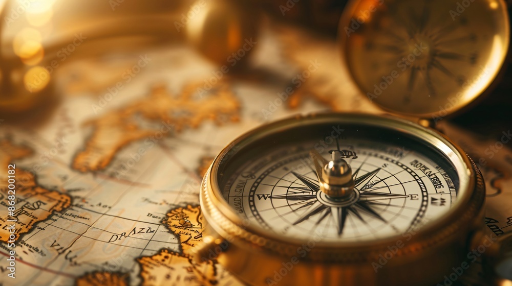 A single antique compass on a map, with the compass needle pointing north, and the intricate engravings on the compass glinting under soft lighting A single antique compass on a map, with the compass needle pointing north, and the intricate engravings on the compass glinting under soft lighting