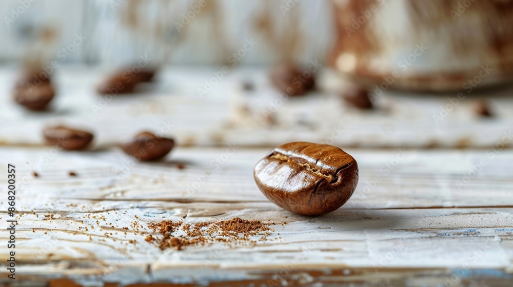 A single coffee bean placed on a rustic white wooden surface, with the detailed texture of the bean and the rich, earthy colors clearly visible A single coffee bean placed on a rustic white wooden surface, with the detailed texture of the bean and the rich, earthy colors clearly visible