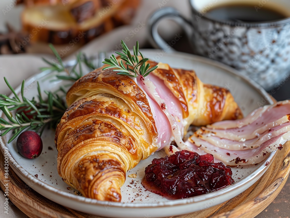 Ham and cheese croissant with creamy brie and cranberry sauce, served on a stylish plate with coffee Ham and cheese croissant with creamy brie and cranberry sauce, served on a stylish plate with coffee